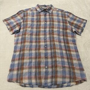 Rodd & Gunn Linen Shirt Men Large Plaid Blue Pink Short Sleeve Button Up